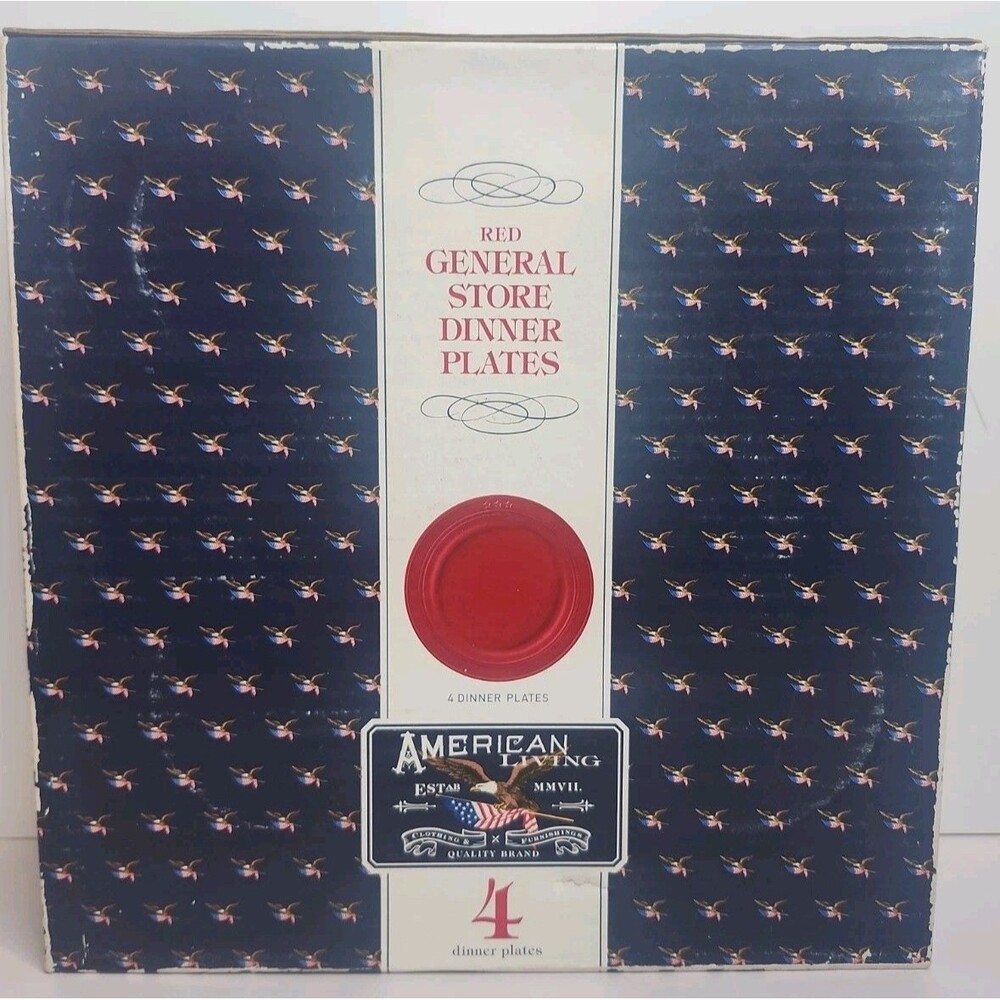 Set Of 4 American Living Iron Stone General Store Red Dinner Plates NIB NEW